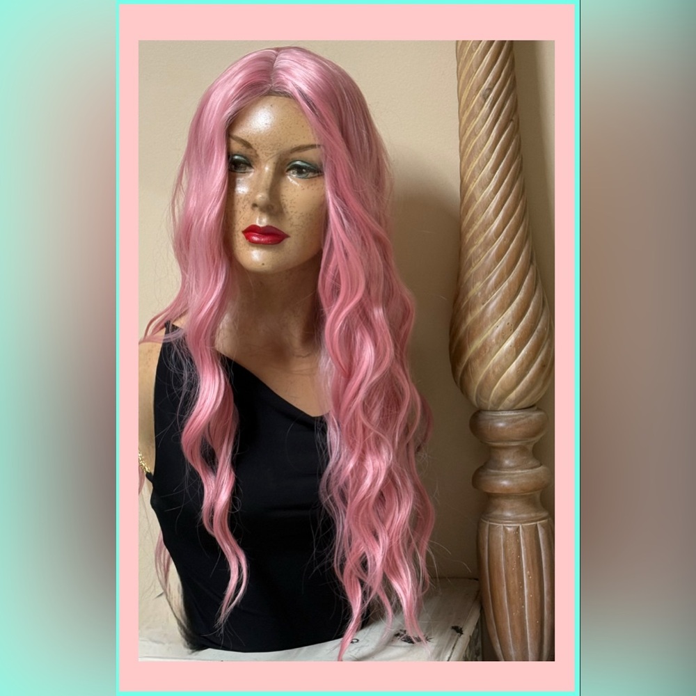 Long Pink Wavy Synthetic Wig